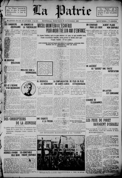 Une du journal La Patrie du 30 septembre 1908