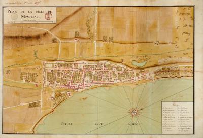 Plan de la ville de Montréal par Gaspard-Joseph Chaussegros de Léry montrant l’avancement des travaux de fortifications de la ville en date du 10 septembre 1725.