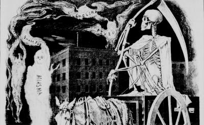 Dessin représentant la Mort chevauchant à travers les rues de Montréal, la nuit, accompagnée des spectres du choléra, de la fièvre et de la variole.