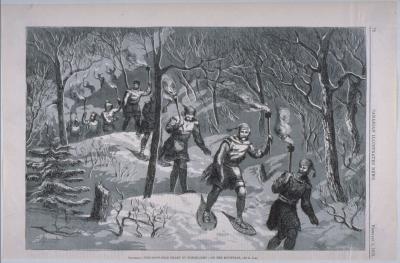 Le Montreal Snowshoe Club dans le parc du Mont-Royal la nuit en 1873.