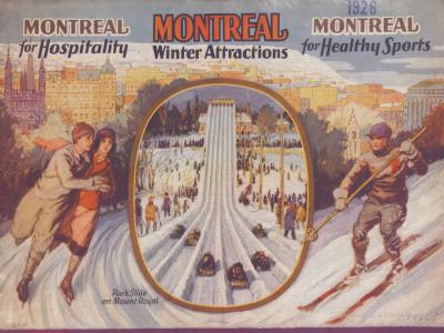 Guide touristique en couleurs montrant un couple patinant à droite, des glissoires au centre et un skieur à gauche.