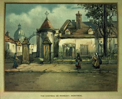 Représentation du Château Ramezay entouré de clôtures, de passantes dans la rue et du toit en dôme du marché Bonsecours.