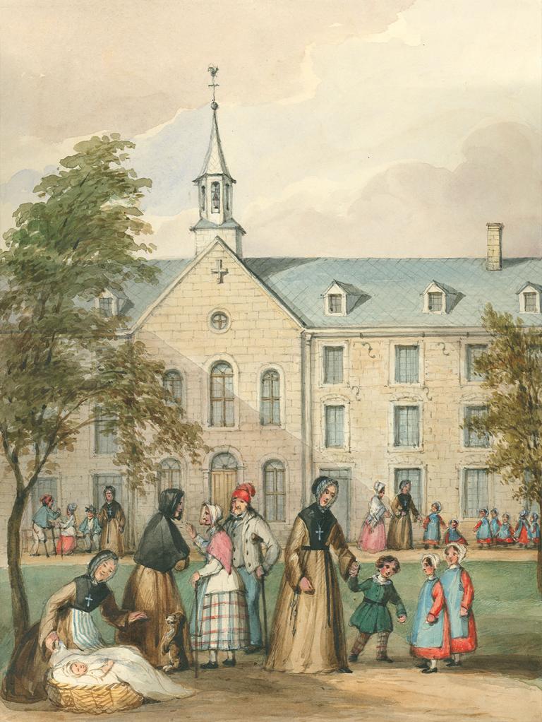 Aquarelle de l’Hôpital général avec des Sœurs grises, des enfants et des personnes âgées