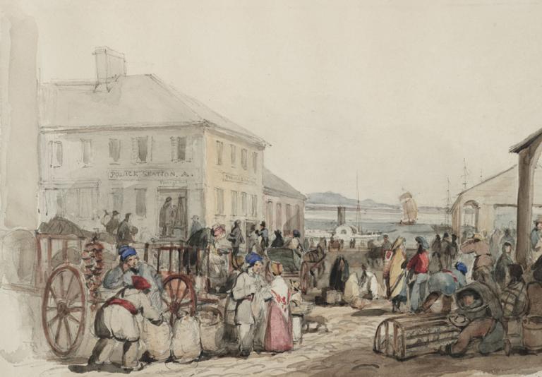 Peinture de James Duncan montrant la place du marché en 1834