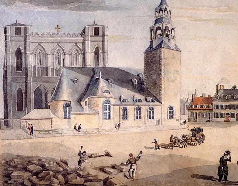 Aquarelle montrant la place d’Armes avec les deux églises Notre-Dame, l’ancienne devant et la nouvelle derrière