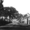 Photo en noir et blanc d’une rue en terre bordée d’arbres d’un côté et de maisons de l’autre. 