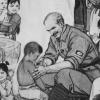 Illustration en noir et blanc montrant Bethune en Chine soignant un enfant et toute une foule autour qui regarde