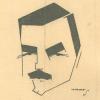 Caricature du visage d’un homme avec de gros sourcils et une moustache. 