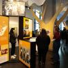 Des personnes regardent des modules d’exposition dans un espace public.