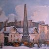 Photographie d’une peinture montrant l’obélisque commémorant la fondation de Montréal par Chomedey de Maisonneuve sur la place D’Youville vers 1930.
