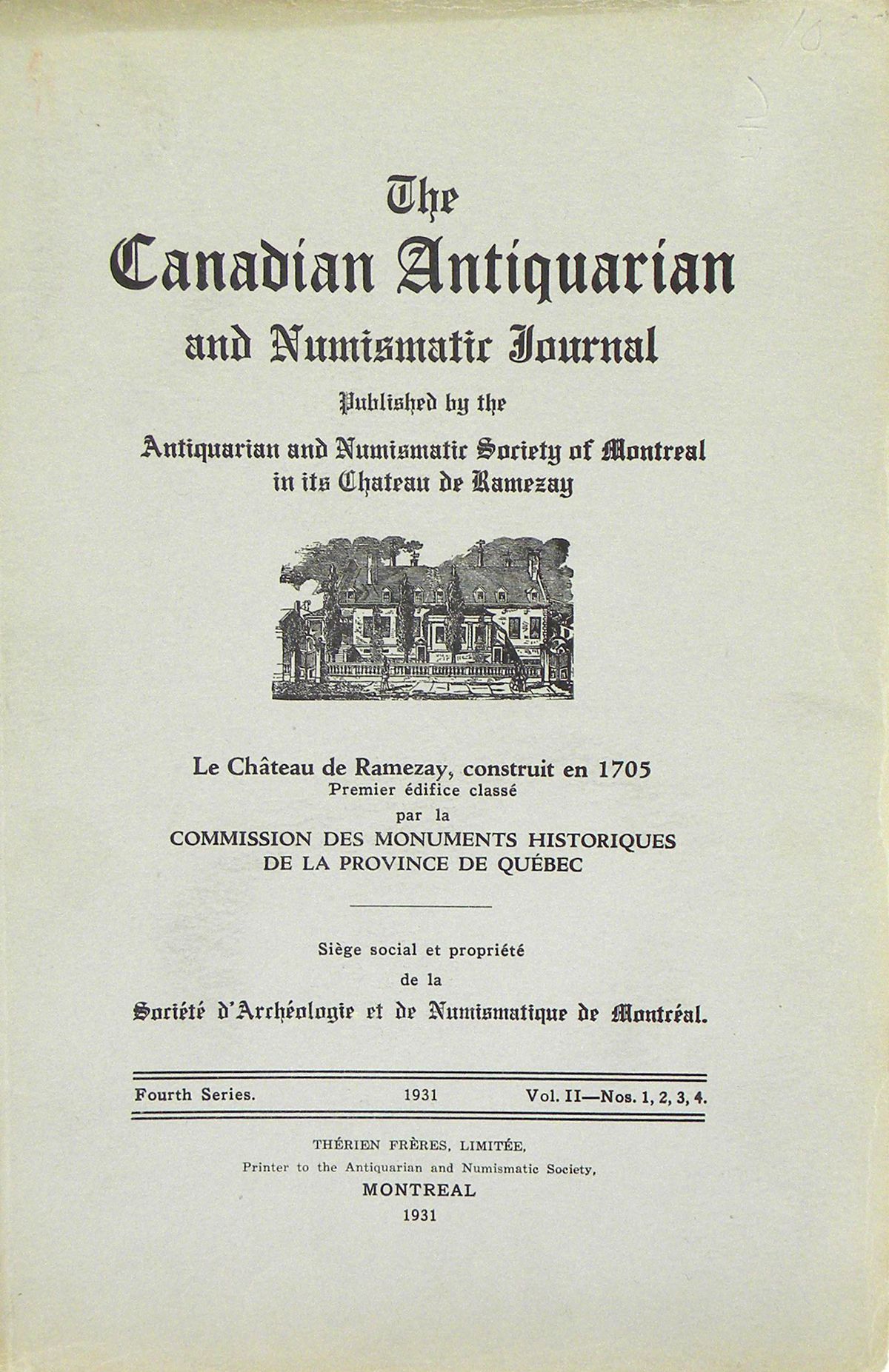 Première page de couverture d’une édition de 1931 du périodique The Canadian Antiquarian and Numismatic Journal.