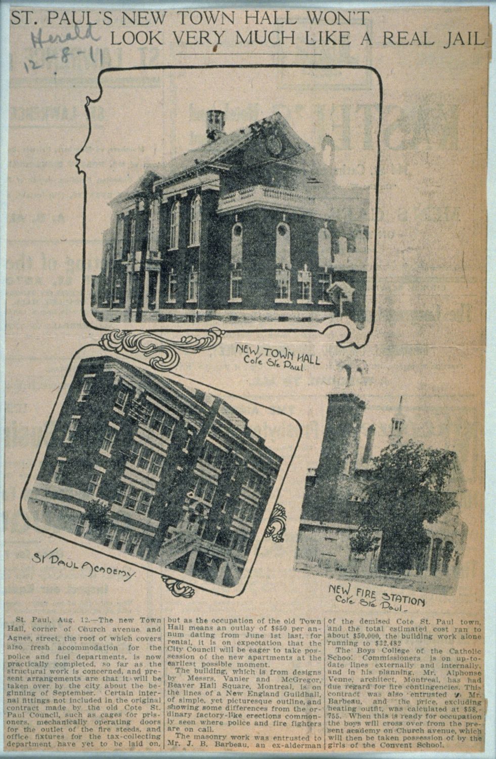Coupure de presse ancienne incorporant trois photographies d'édifices.