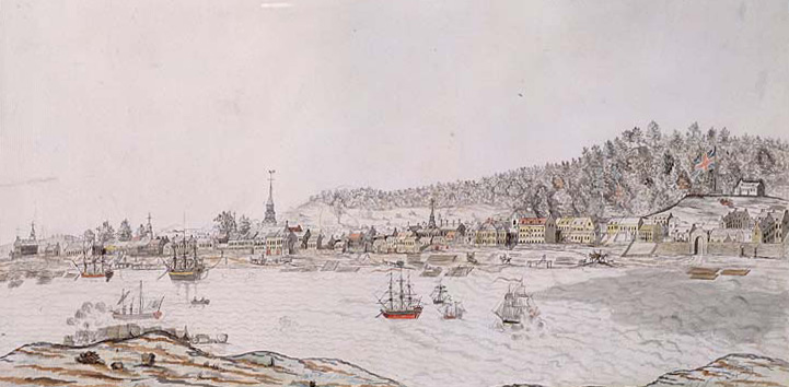 Illustration du port de l'île de Montréal. On aperçoit un drapeau anglais (à droite) et plusieurs clochers d'église.