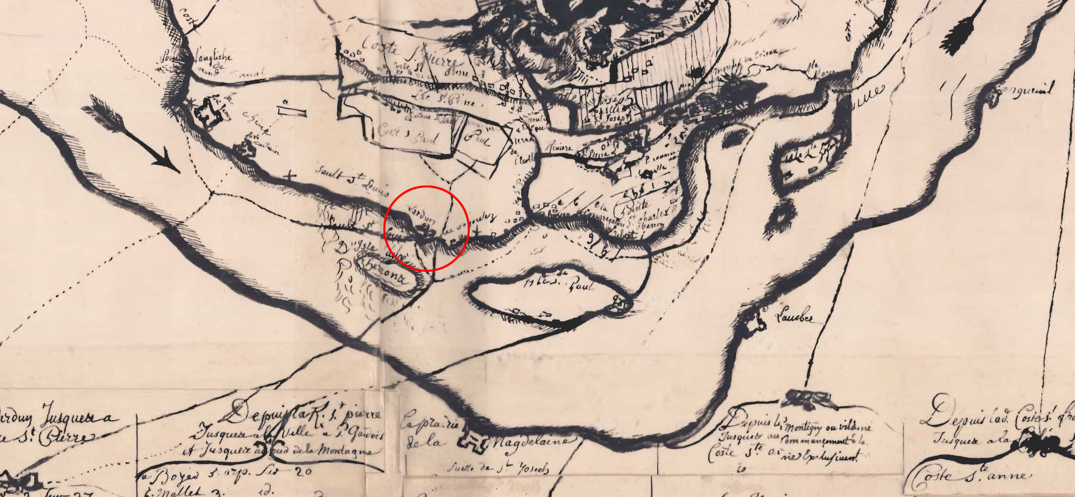 Extrait de la carte de l’île de Montréal de 1702 montrant l’emplacement du fort de Verdun. 