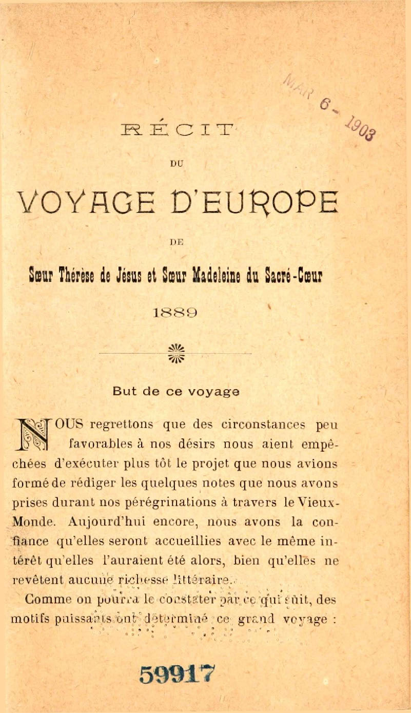 Page du Récit du voyage d’Europe de sœur Thérèse de Jésus et sœur Madeleine du Sacré-Cœur publié en 1889 
