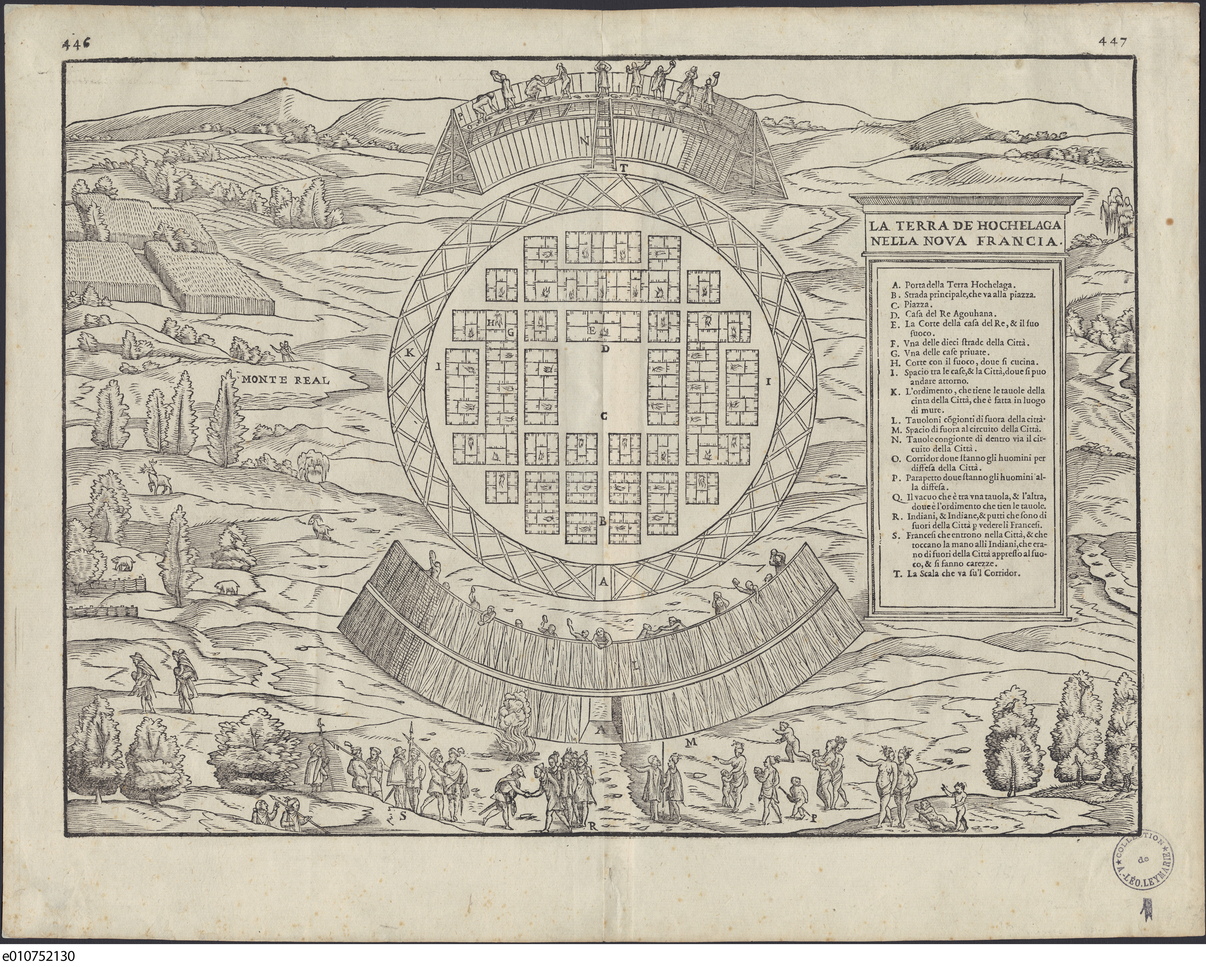 Interprétation imaginée du village d'Hochelaga par un cartographe italien du 16e s. à partir des descriptions de Jacques Cartier.