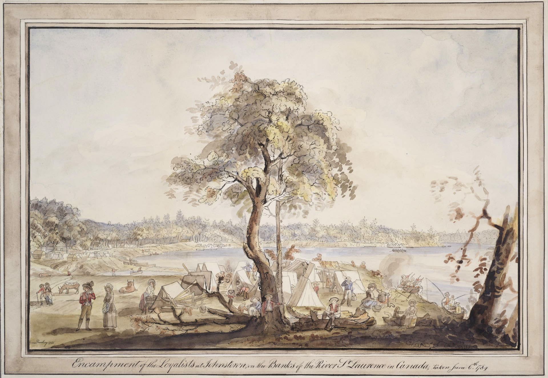 Peinture d’un campement à la fin du XVIIIe siècle sur le bord d’un cours d’eau avec un arbre au centre.