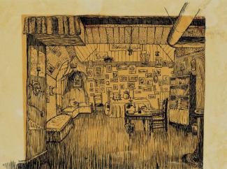 Dessin à l'encre sur papier représentant l'intérieur d'un appartement en 1917