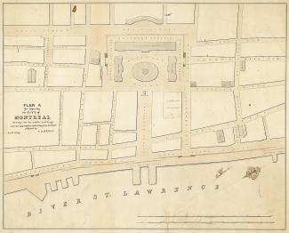 Projection d’un aménagement de la ville en 1839 pour la section qui va aujourd’hui du fleuve Saint-Laurent au Champ-de-Mars avec au centre la place Jacques-Cartier.