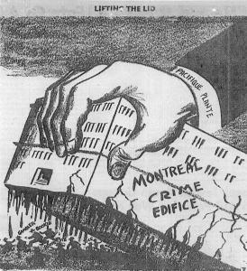 Caricature montrant une main énorme, identifiée comme celle de Pacifique Plante, qui soulève l’édifice du crime, sous lequel se trouvent plusieurs petits personnages qui fuient.