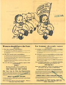 Affiche bilingue montrant dans le haut cinq bébés dont un tient une bannière disant « Laissez voter maman! » et dans la partie du bas les raisons pour lesquelles la femme devrait voter.