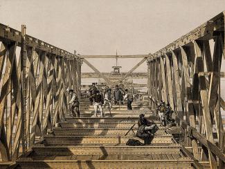 Lithographie montrant des ouvriers travaillant sur le tube central du pont Victoria.