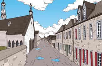 Illustration représentant la rue Saint-Paul vers 1734, avec l'Hôtel-Dieu d'un côté et des maisons de l'autre