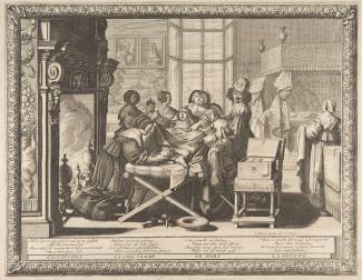 Gravure ancienne montrant un accouchement