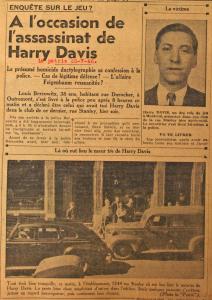 Coupure d’un journal qui parle de l’assassinat de Harry Davis avec une photo de la victime et une du 1244, rue Stanley, lieu du meurtre.