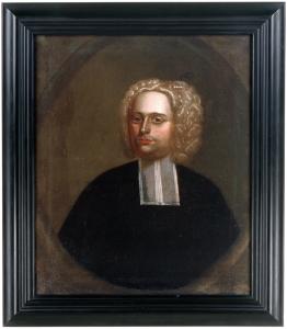 Peinture montrant le portrait d’un homme portant une perruque et une tenue noire.
