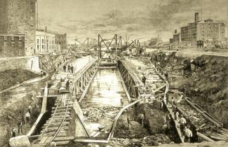 Illustration représentant l’agrandissement du canal Lachine dans les années 1870.