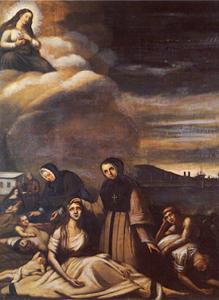 Peinture religieuse illustrant des victimes du typhus
