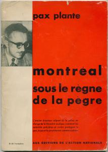 Couverture en rouge et blanc avec la photographie de Pacifique Plante en haut à gauche. Le titre est en gras et mis en évidence.