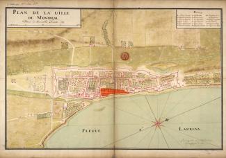 Plan de Montréal en 1731 montrant la zone incendiée le 10 avril 1734
