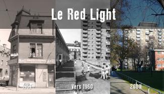 Montage photographique montrant le quartier avant les démolitions, puis une fois les Habitations Jeanne-Mance construites, à deux époques différentes.