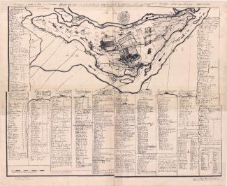 Copie d'un plan de 1702 qui présente l'ensemble de l'île de Montréal, avec les terres concédées pour les différents secteurs habités.
