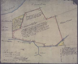 Plan annoté du fief Nazareth, bordé de rouge, « sur une échelle de 16 perches au pouce », daté de 1805.