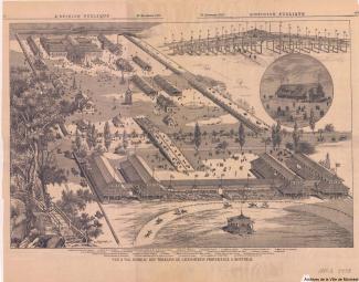 Vue à vol d'oiseau des terrains de l'exposition provinciale à Montréal en 1881.