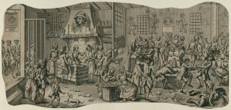 Estampe montrant l’intérieur d’un cabaret avec des clients attablés, endormis ou dansants, des garçons de services, des marchands, etc.