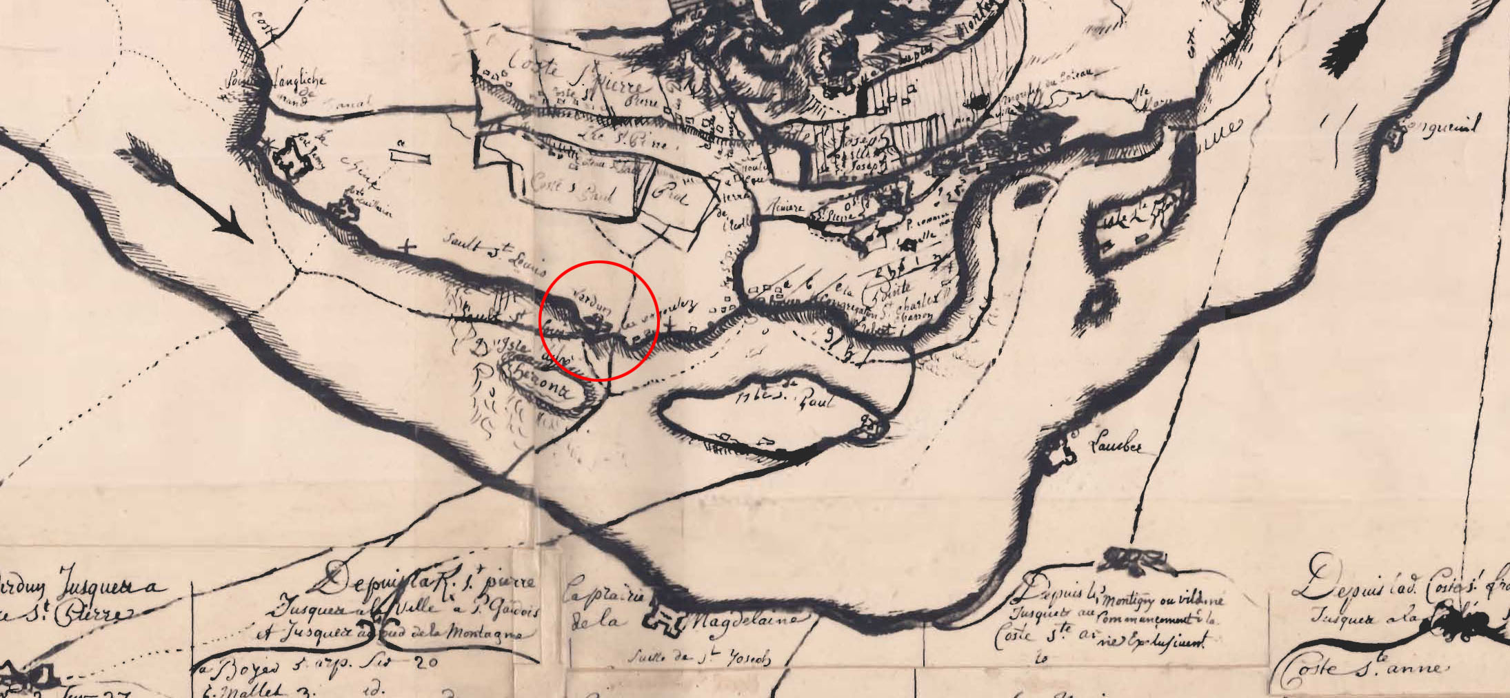 Extrait de la carte de l’île de Montréal de 1702 montrant l’emplacement du fort de Verdun.