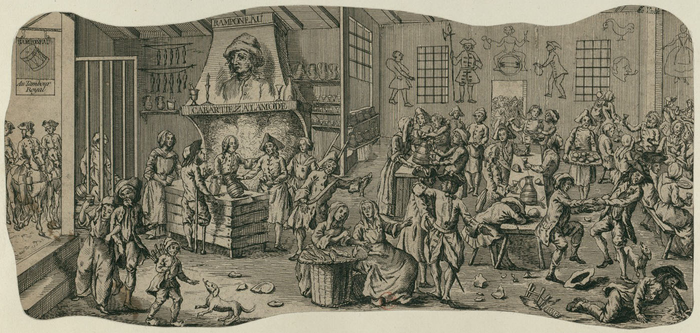 Estampe montrant l’intérieur d’un cabaret avec des clients attablés, endormis ou dansants, des garçons de services, des marchands, etc.