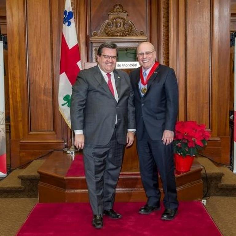  The mayor of Montreal Mr Denis Coderre and Dr Phil Gold Great Montrealer 1986 recepient of the title of Commander