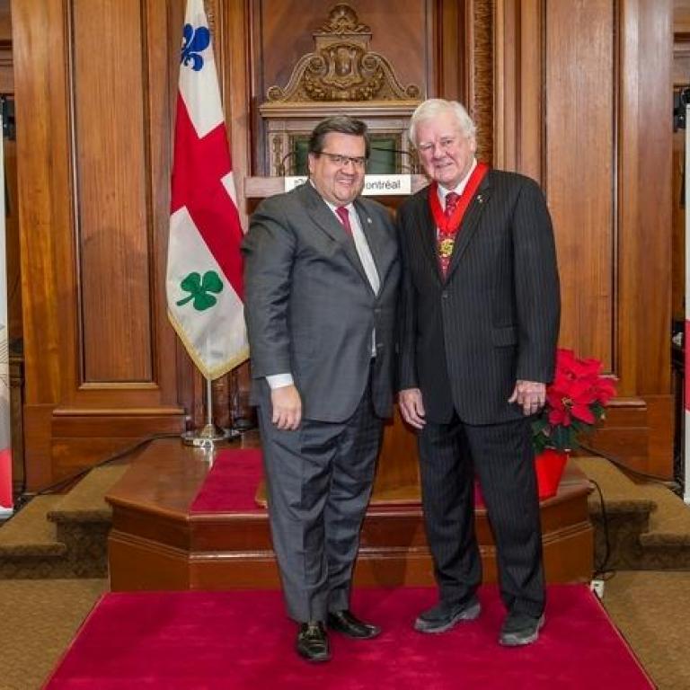 The mayor of Montreal Mr Denis Coderre and Dr Yves Lamontagne  Great Montrealer 2003 recepient of the title of Commander