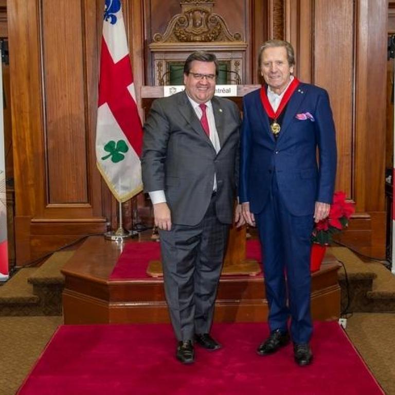 The mayor of Montreal Mr Denis Coderre and Mr Albert Millaire  Great Montrealer 1999 recepient of the title of Commander