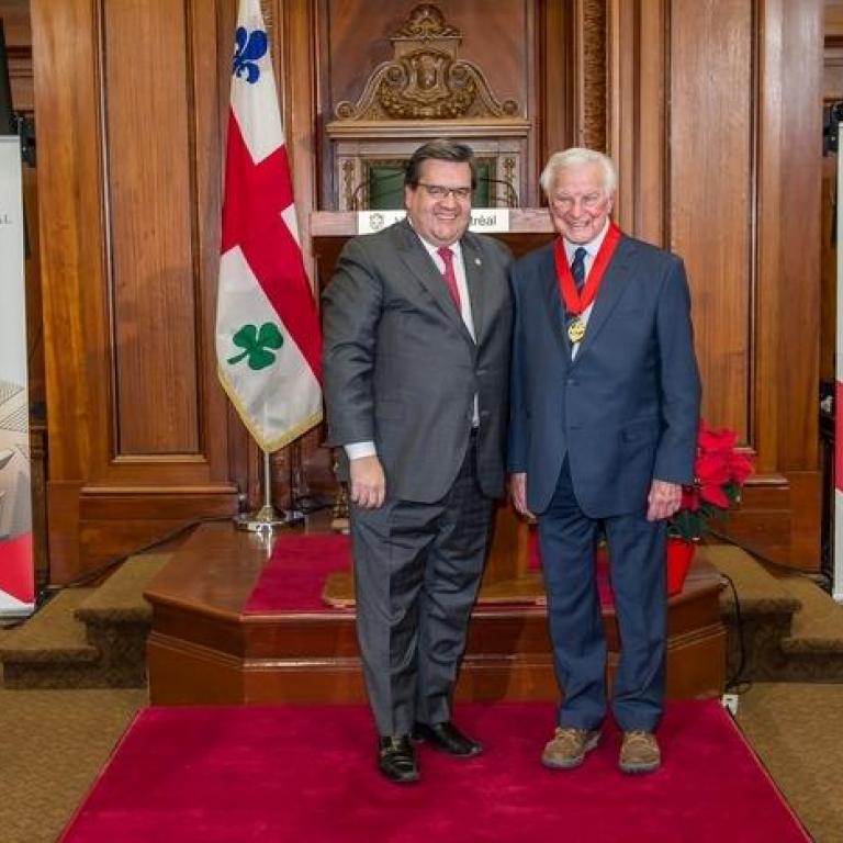 The mayor of Montreal Mr Denis Coderre and Mr Guy R. Legault  Great Montrealer 1978 recepient of the title of Commander