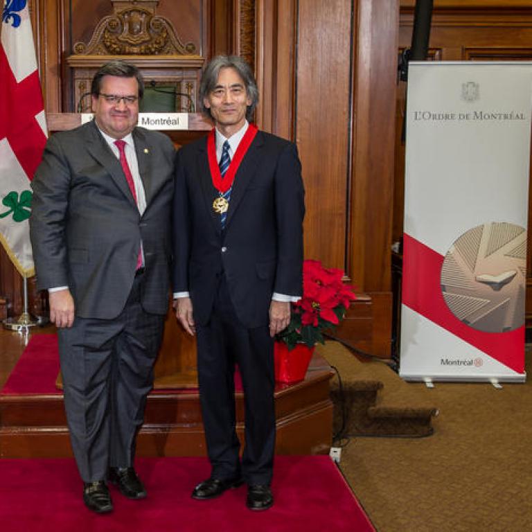 Mayor Mr Denis Coderre and Mr Kent Nagano Great Montrealer 2013 recepient of the title of Commander