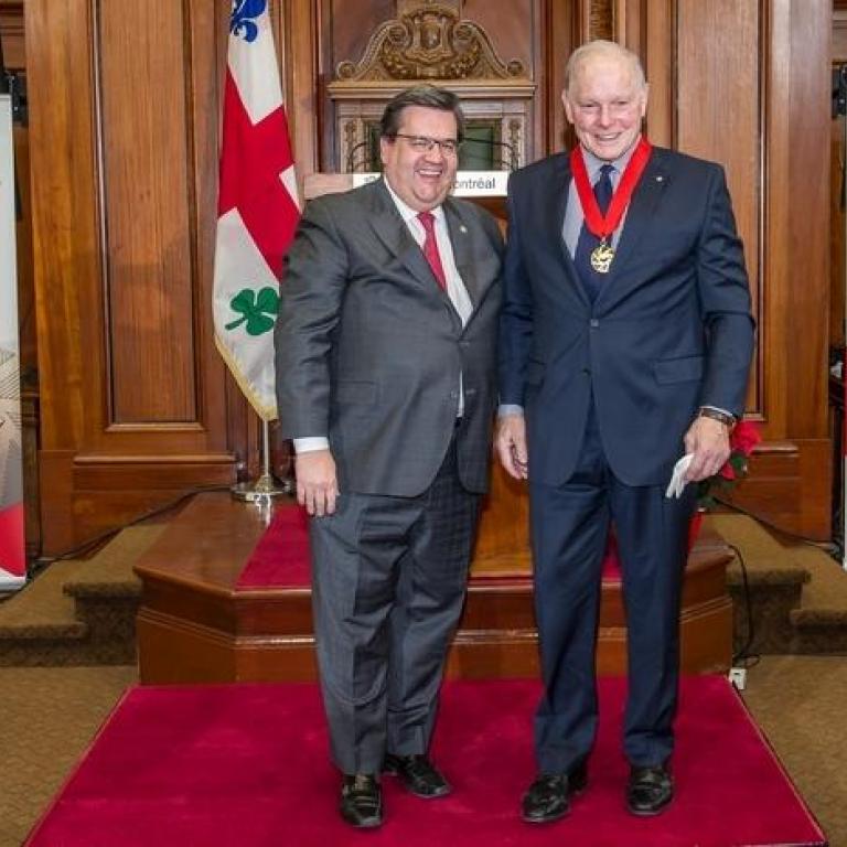 The mayor of Montreal Mr Denis Coderre and Mr Peter Howlett  Great Montrealer 2008 recepient of the title of Commander