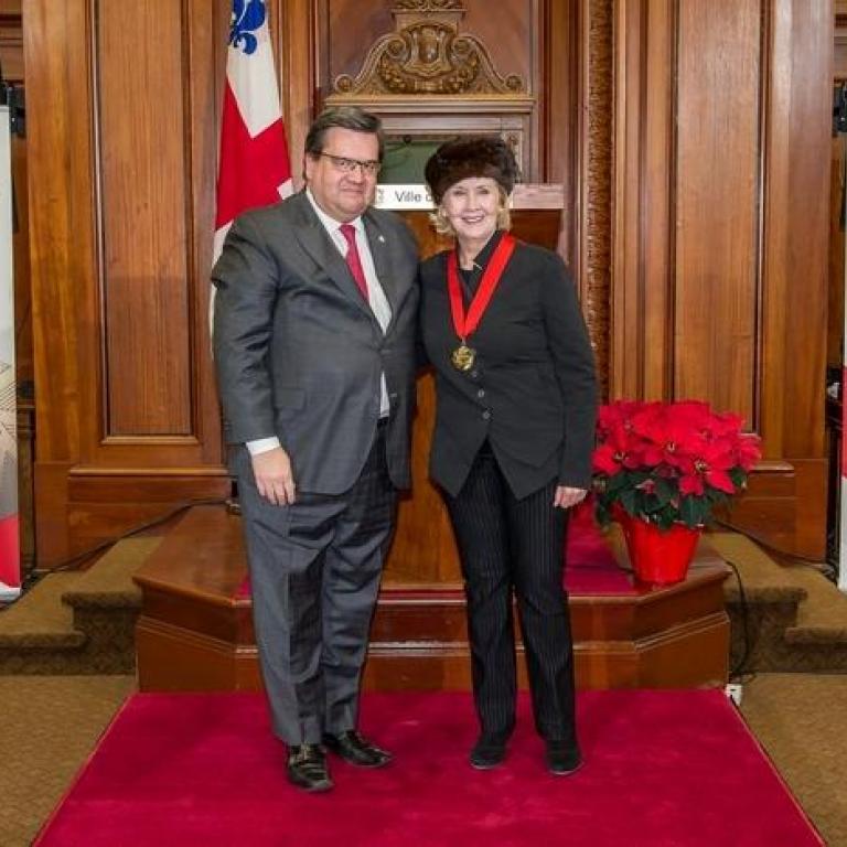 The mayor of Montreal Mr Denis Coderre and Mrs Lachapelle  Great Montrealer 2000 recepient of the title of Commander