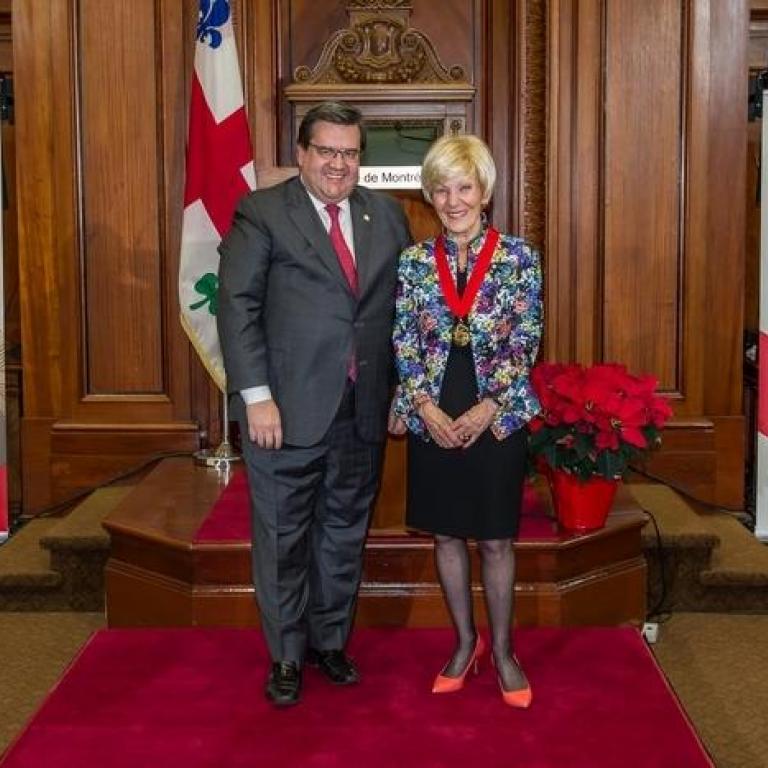 The mayor of Montreal Mr Denis Coderre and Mrs Michèle Thibodeau-DeGuire  Great Montrealer 2001  recepient of the title of Commander