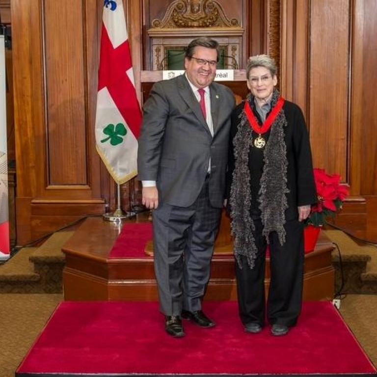   The mayor of Montreal Mr Denis Coderre and Mrs Phyllis Lambert Great Montrealer 1984 recepient of the title of Commander